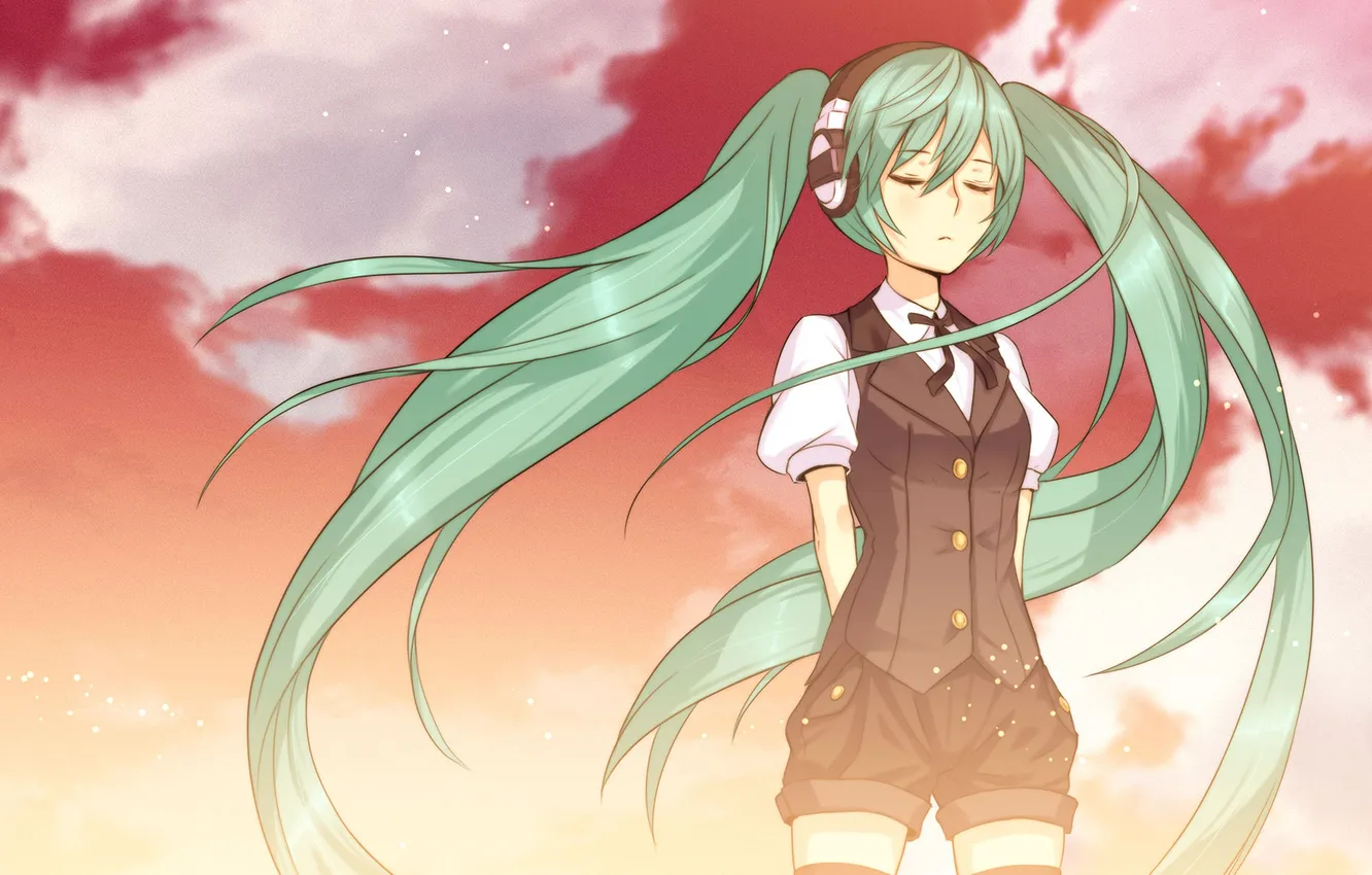 Фото обои небо, девушка, облака, наушники, арт, hatsune miku, вокалоид, nidy-2d-