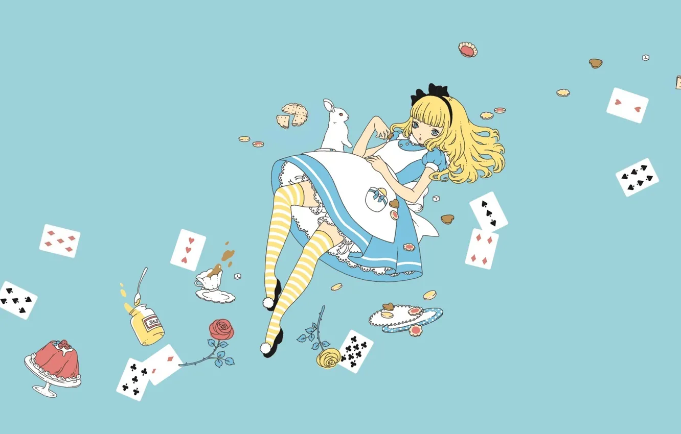 Фото обои сладости, Alice in Wonderland, Алиса в Стране Чудес, голубой фон, Alice, невесомость, фартук, полосатые чулки