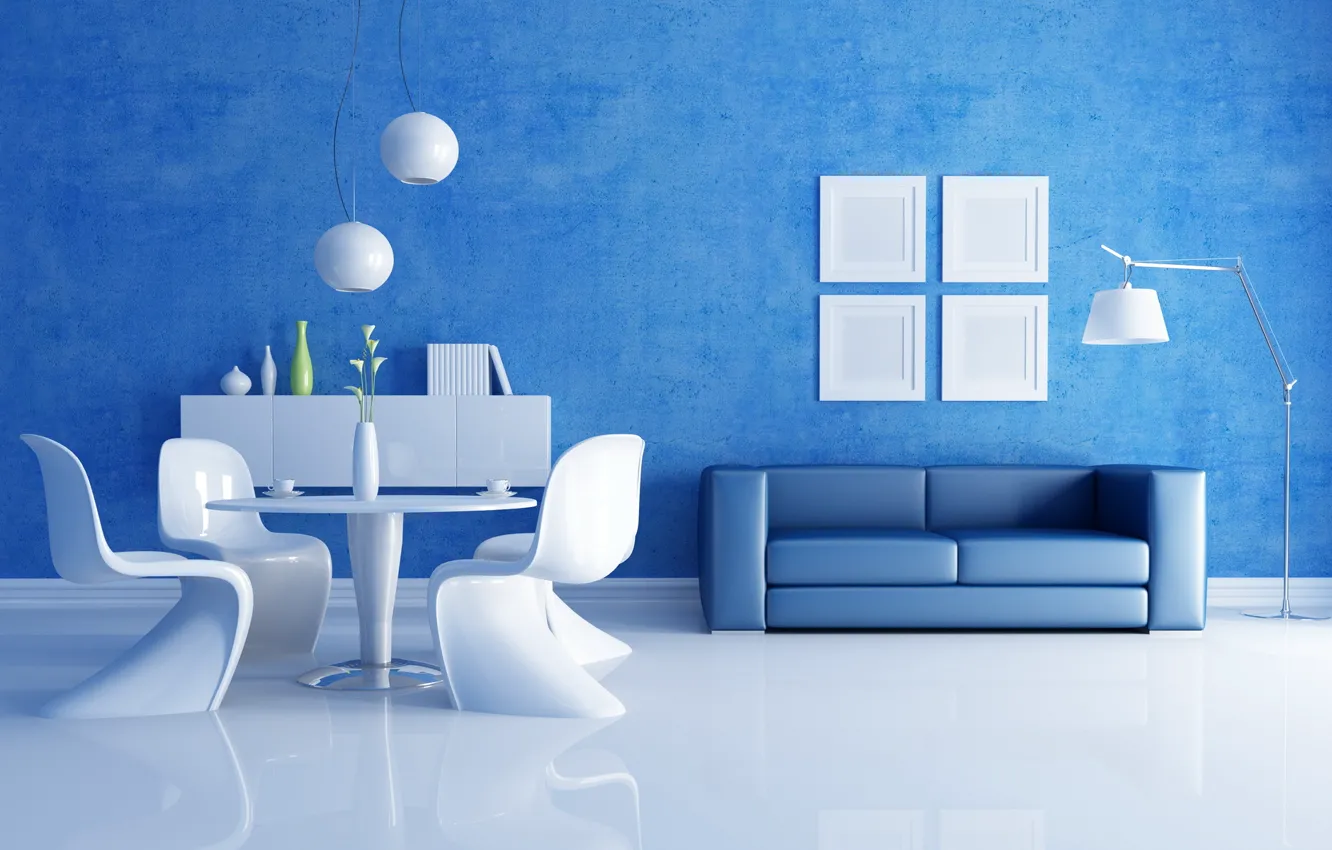 Фото обои синий, стол, комната, диван, стулья, интерьер, вазы