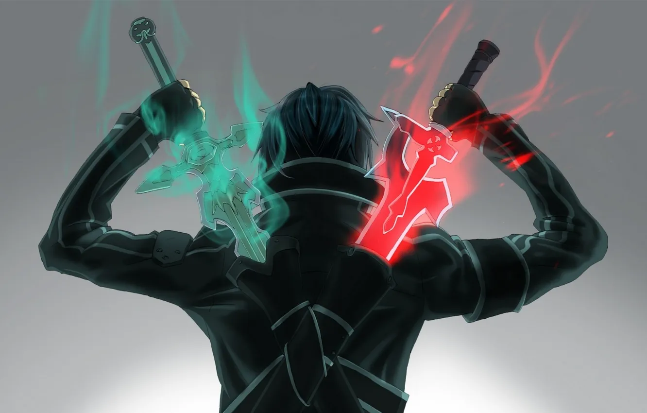 Фото обои герой, мечи, Sword Art Online, со спины, достает