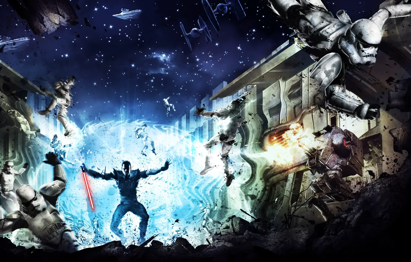 Фото обои звёзды, станция, Star Wars, Звёздные войны, The Force Unleashed, джедай, световой меч, крейсеры