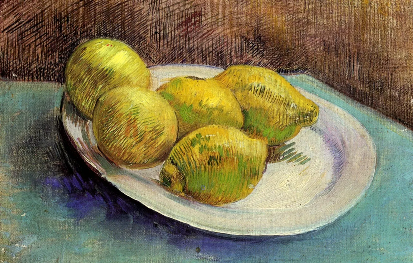Фото обои стол, тарелка, Винсент ван Гог, Still Life with, Lemons on a Plate, 5 лимонов