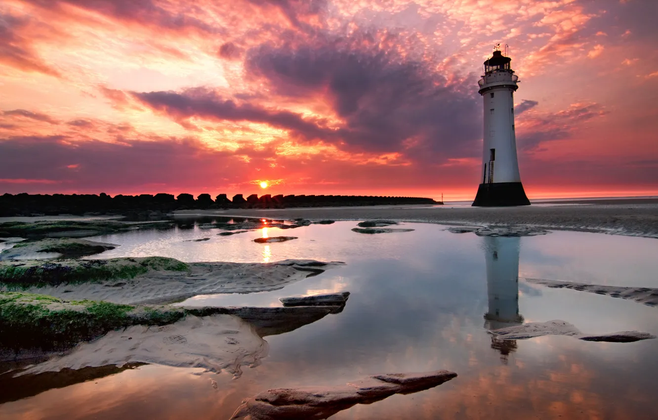 Фото обои закат, берег, маяк
