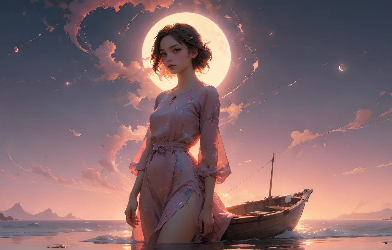 Фото обои girl, brunette, boat, ai art