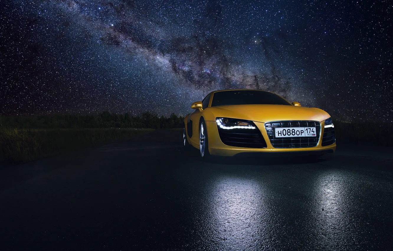 Фото обои Audi, Star, Space, Night, Yellow, Road, Supercar, Reflection