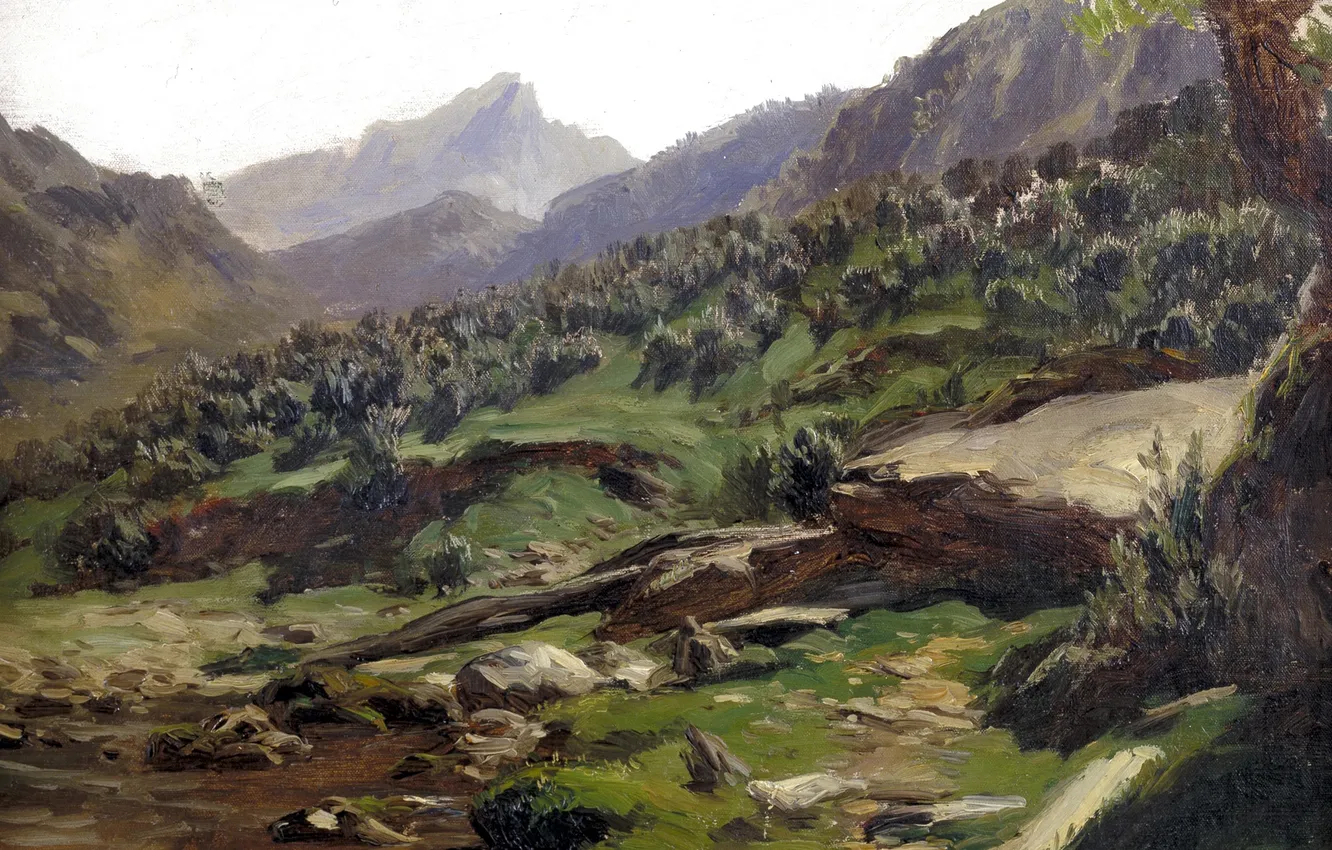Фото обои пейзаж, горы, картина, склон, Карлос де Хаэс, Пикос де Эуропа