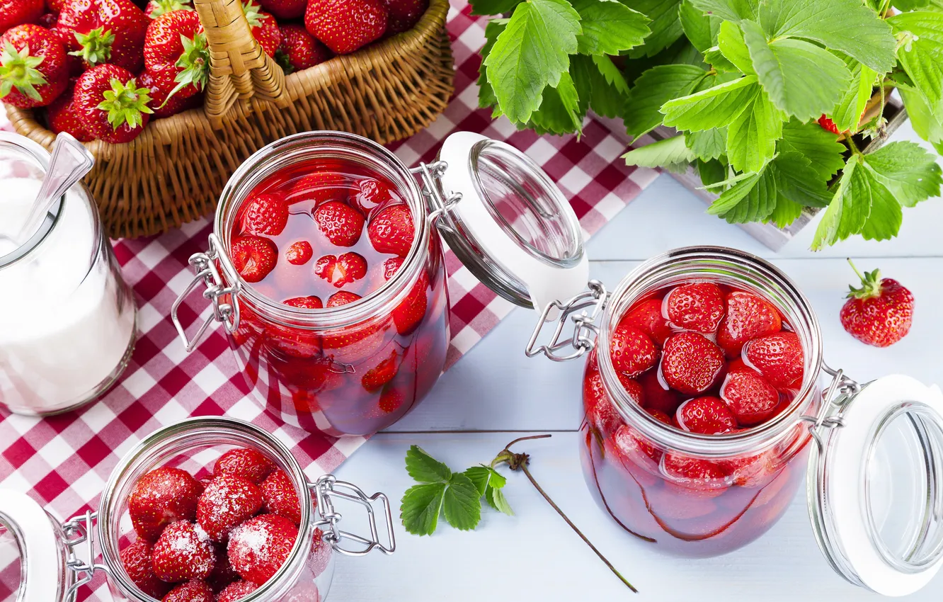 Фото обои клубника, сахар, листики, leaves, strawberry, sugar, клубничный джем, strawberry jam