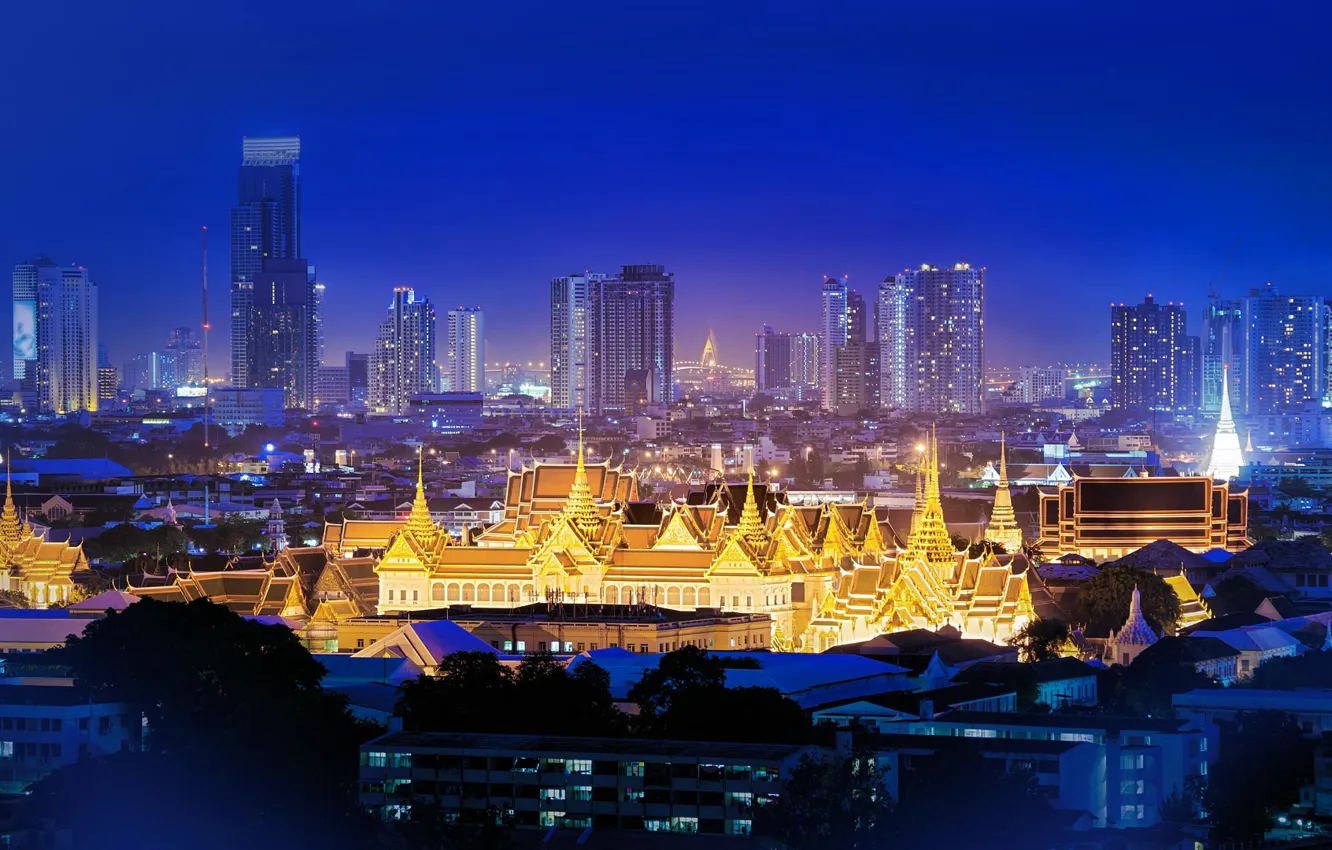 Фото обои ночь, огни, Таиланд, Бангкок, Большой дворец
