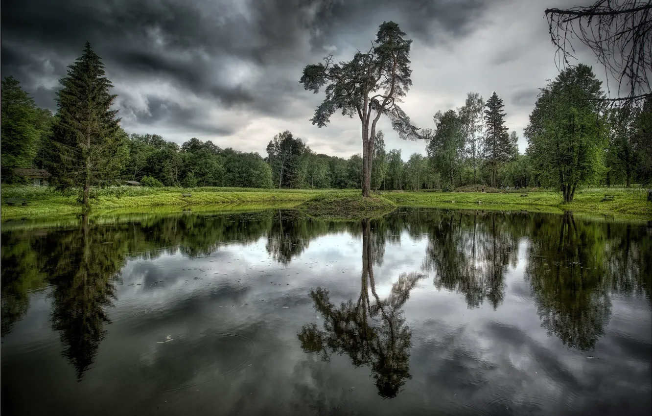 Фото обои деревья, тучи, озеро, отражение