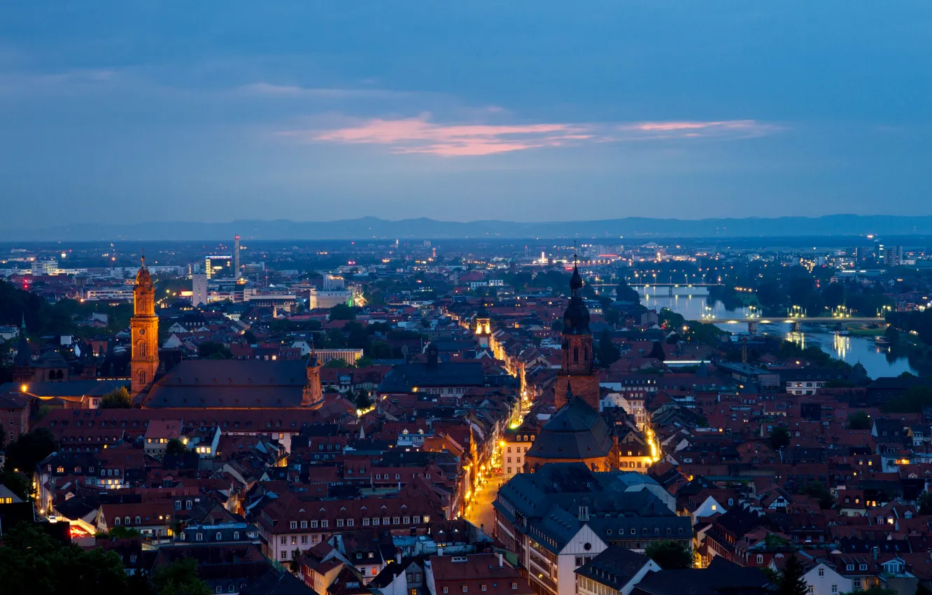 Фото обои закат, город, дома, вечер, Германия, панорама, улицы, Deutschland