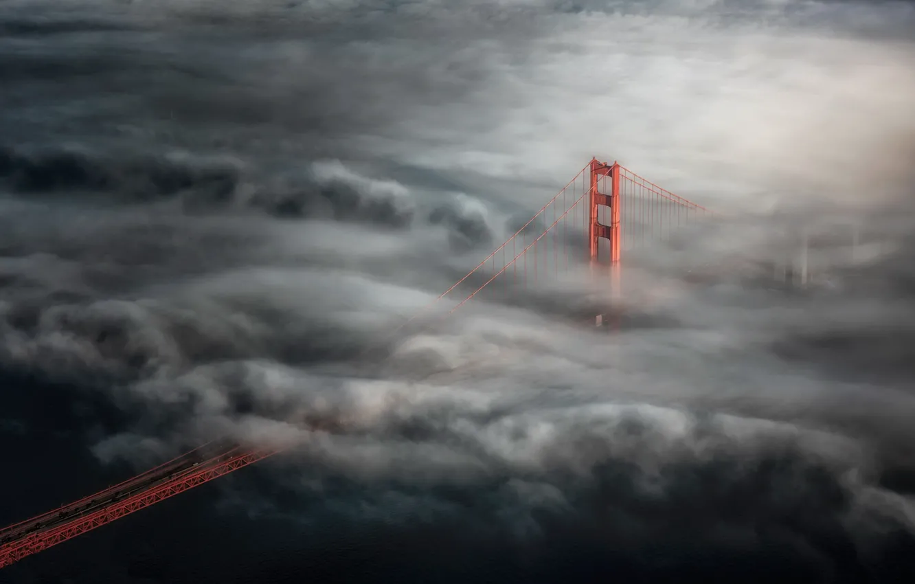Фото обои пейзаж, мост, туман