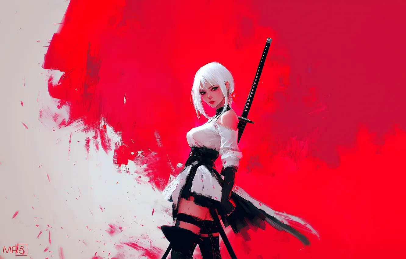 Фото обои girl, sword, fantasy, minimalism, blue eyes, katana, brunette, samurai