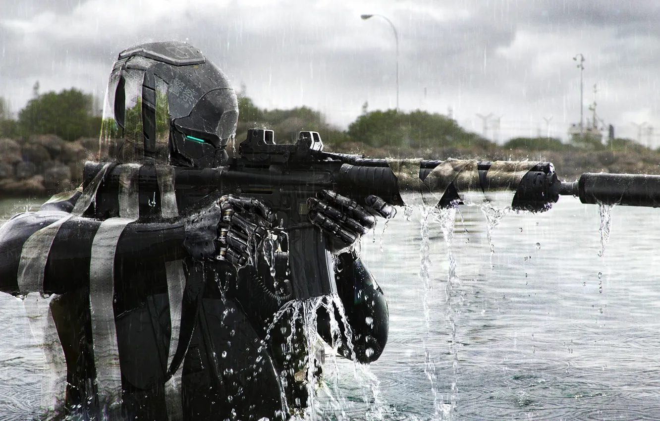 Фото обои вода, река, фантастика, солдат, автомат, шлем, камуфляж, phantom