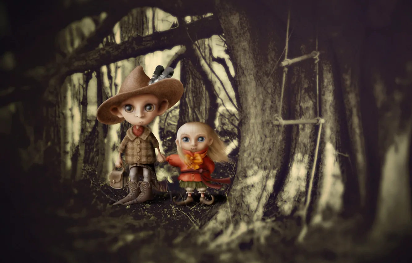 Фото обои лес, дети, мальчик, арт, девочка, клыки, вампиры