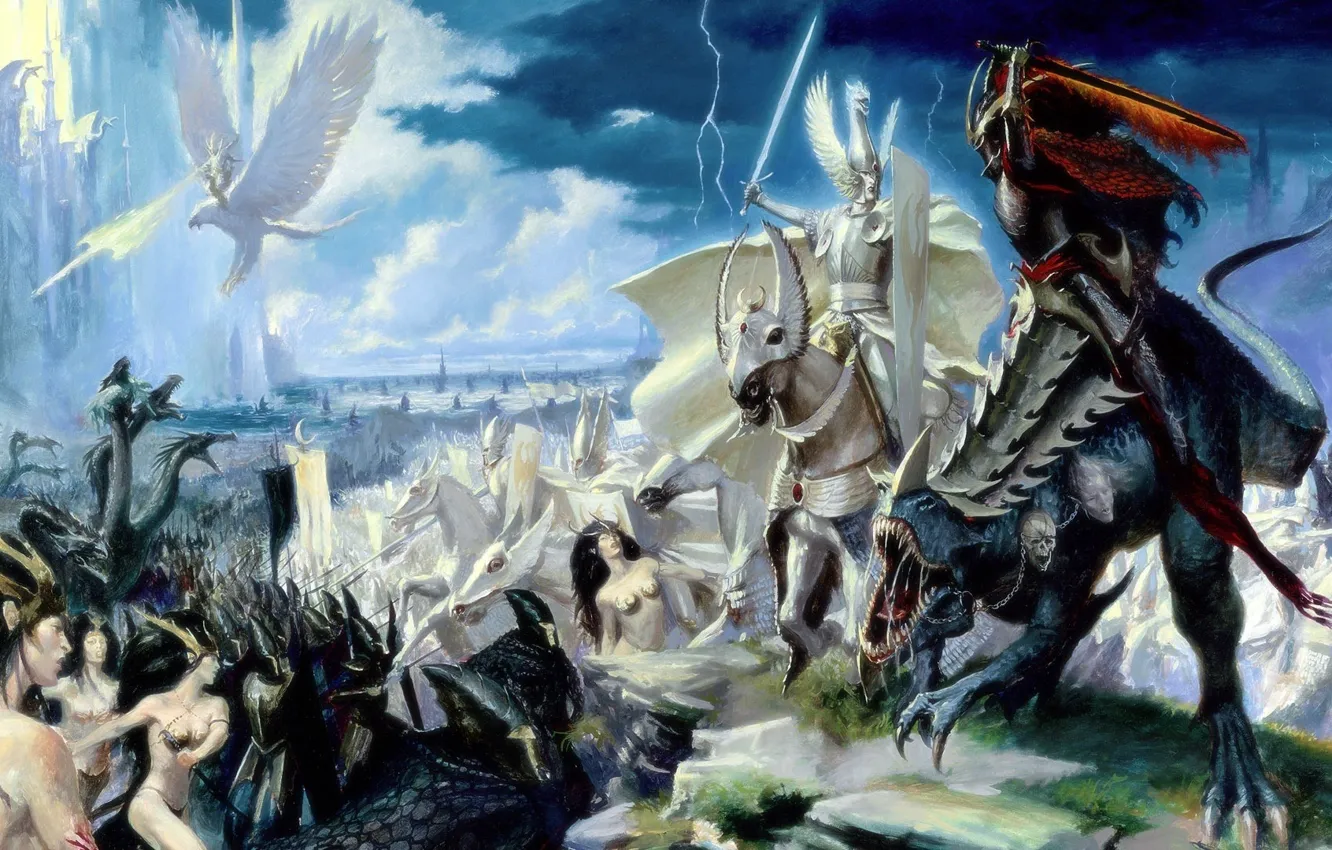 Фото обои эльфы, битва, сражение, Warhammer, всадники, темные