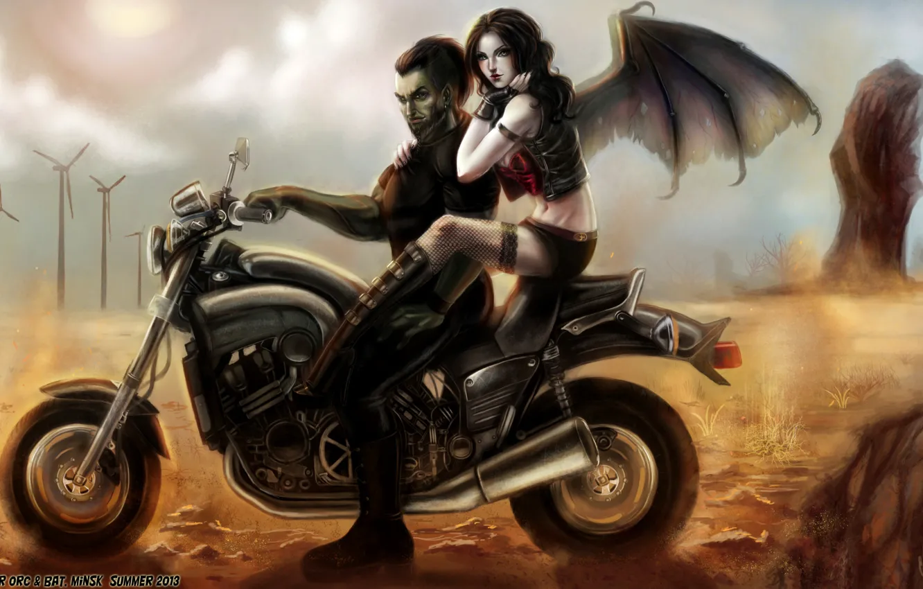 Фото обои девушка, пустыня, крылья, чулки, арт, мотоцикл, парень, орк