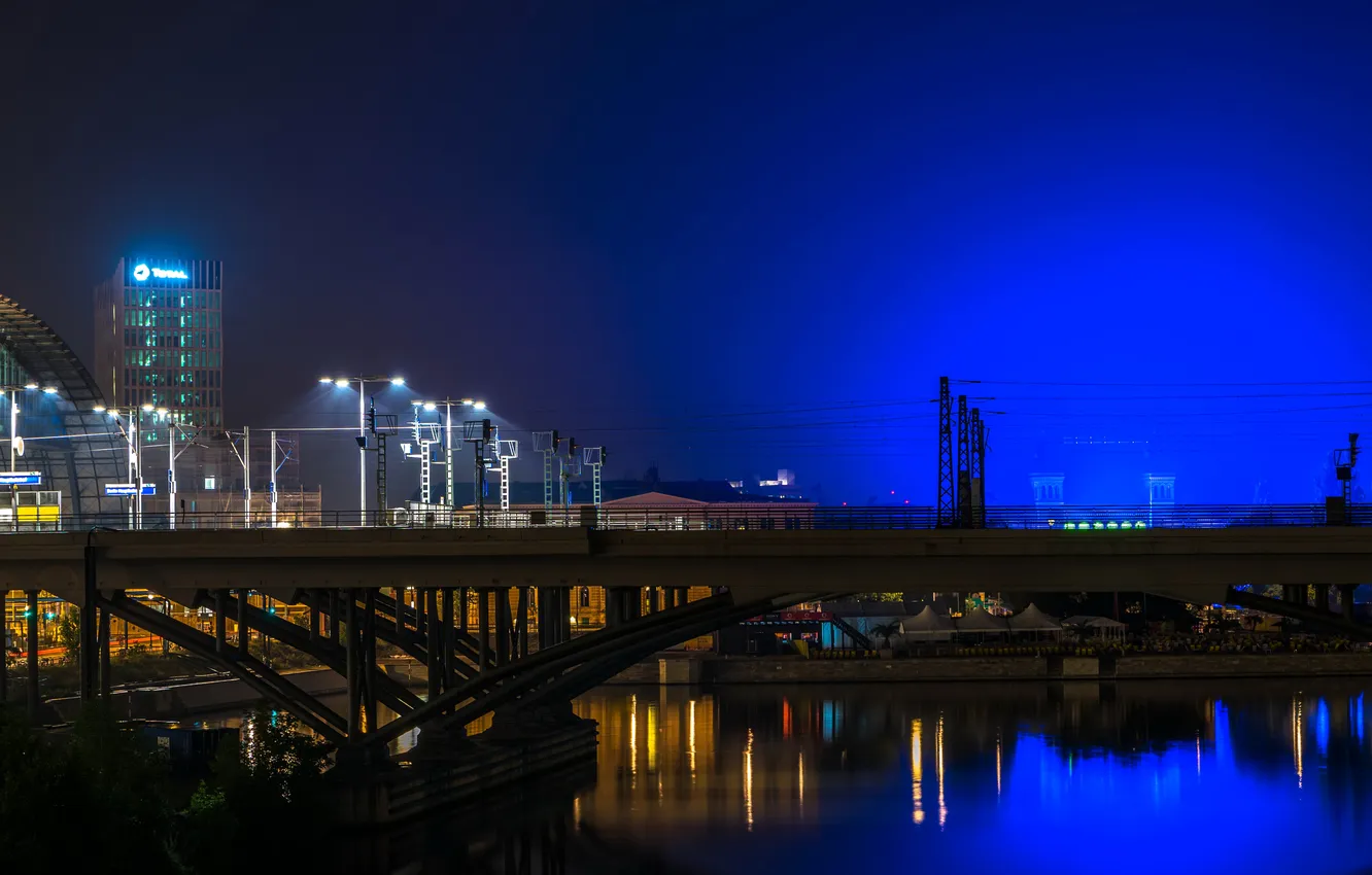 Фото обои ночь, мост, огни, река, Германия, фонари, Берлин