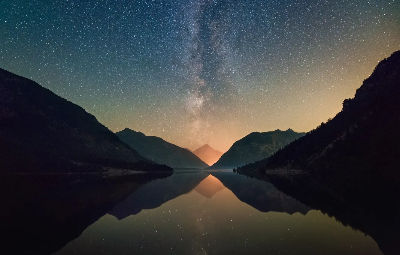 Фото обои небо, звезды, горы, ночь, озеро, млечный путь