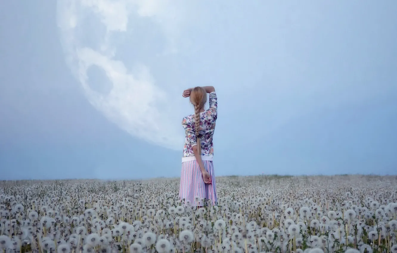 Фото обои поле, небо, девушка, природа, луна, одуванчики