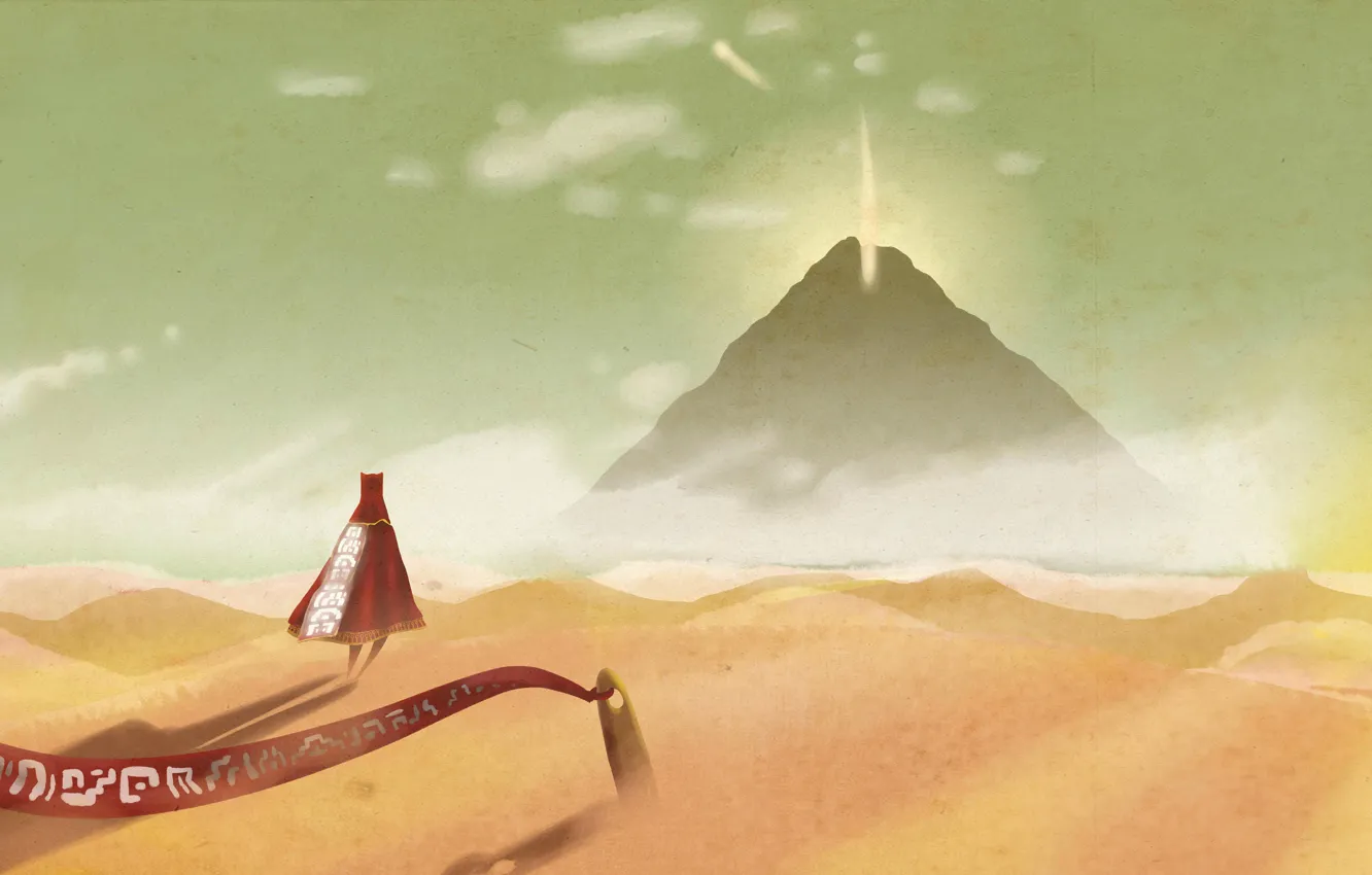 Фото обои песок, сияние, пустыня, гора, существо, лента, Journey