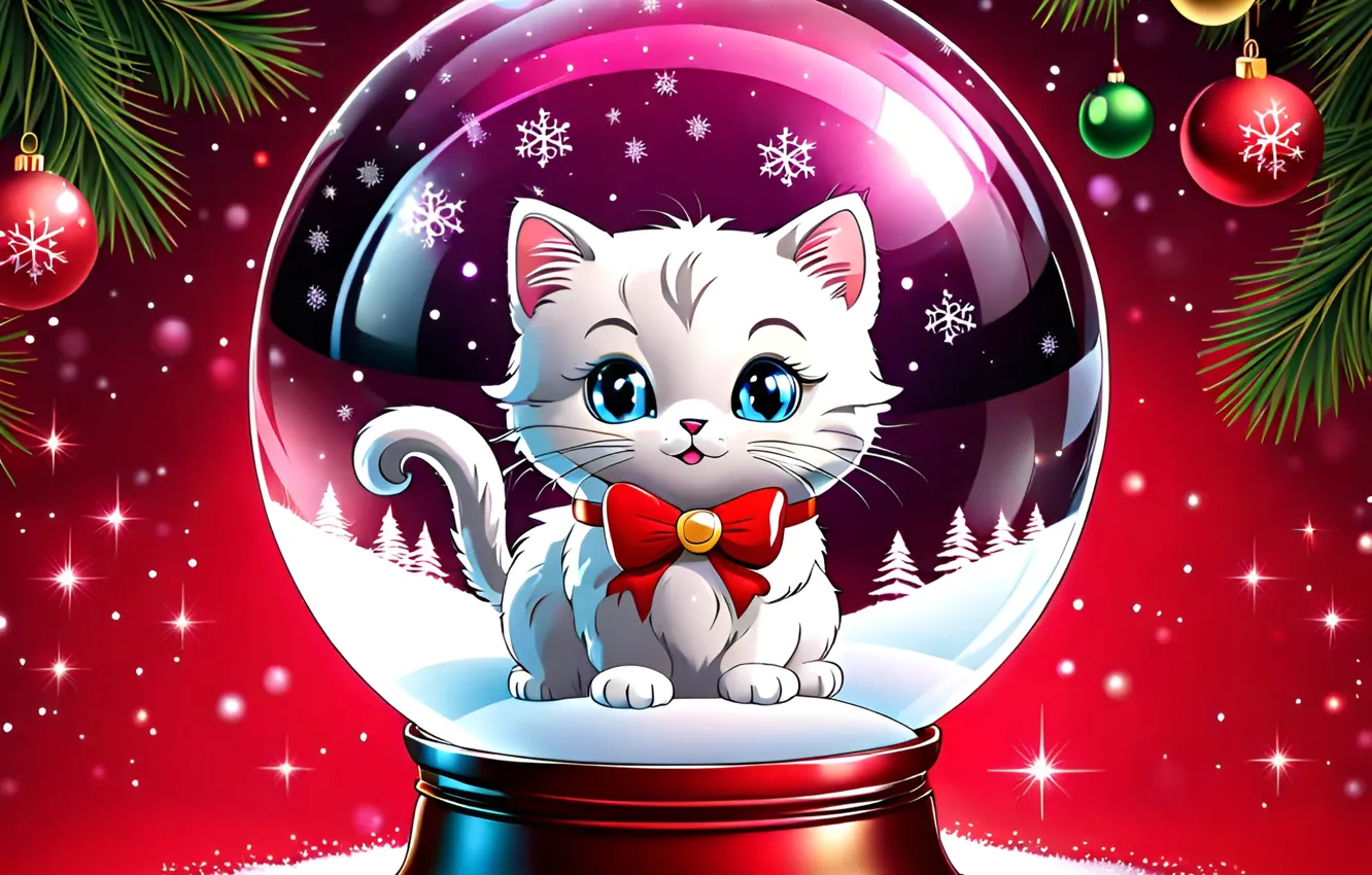 Фото обои кошка, кот, взгляд, котенок, портрет, Рождество, Новый год, сфера