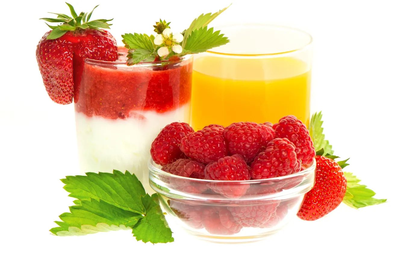 Фото обои ягоды, малина, клубника, сок, десерт