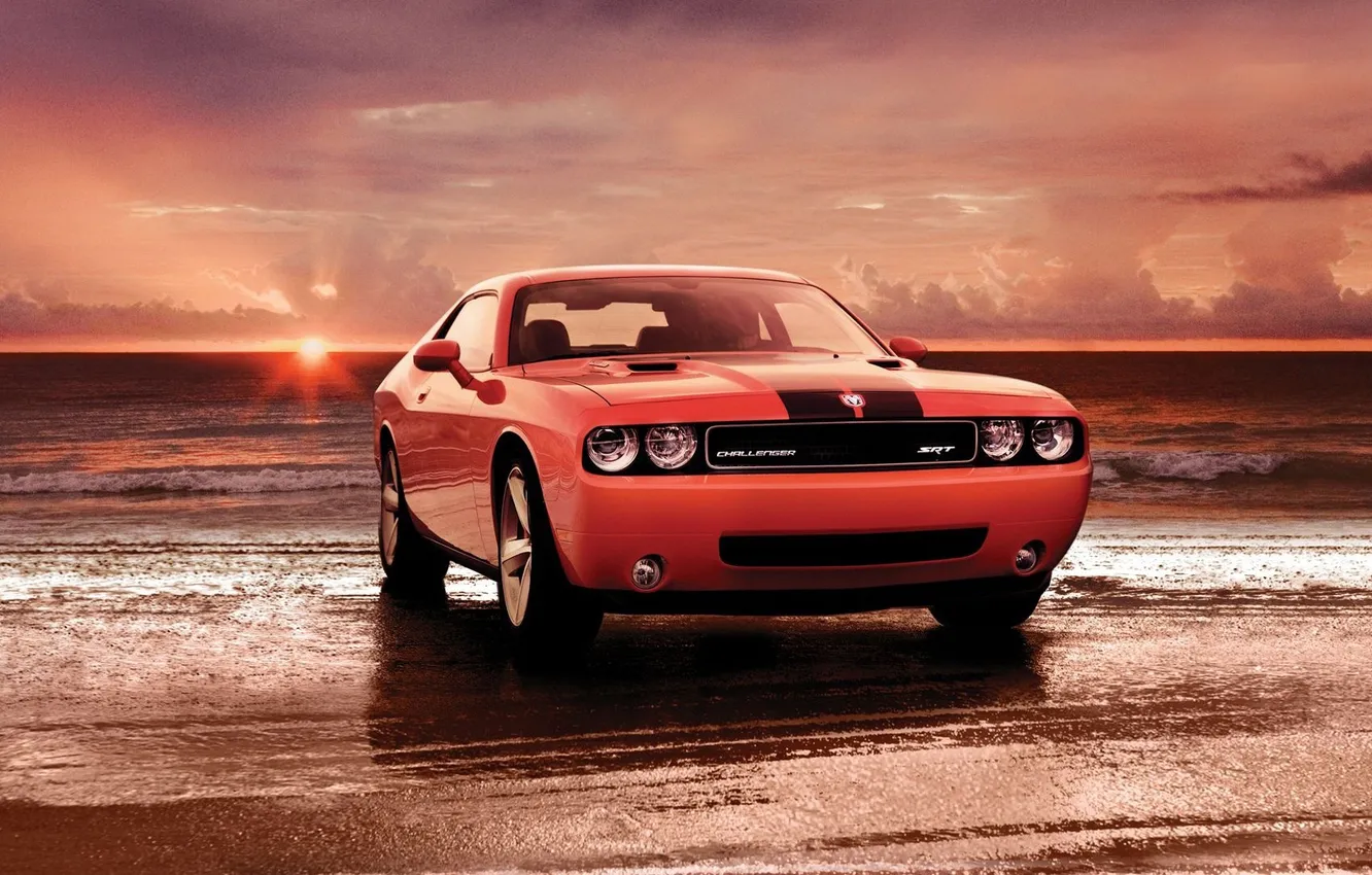 Фото обои закат, Dodge, Challenger, автомобиль, Srt8