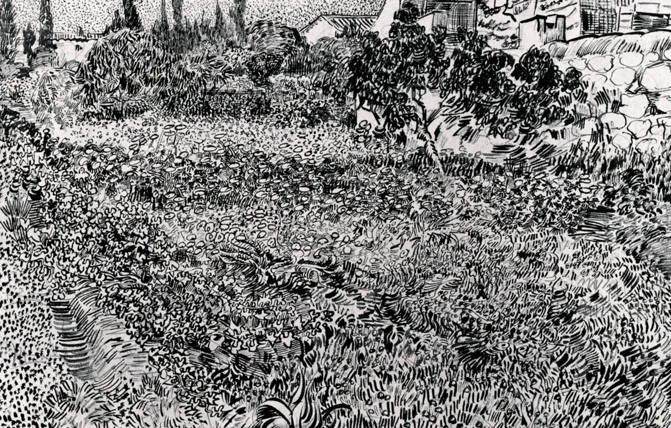 Фото обои цветы, растительность, растения, чёрно - белое, Винсент ван Гог, Garden with, Flowers 2
