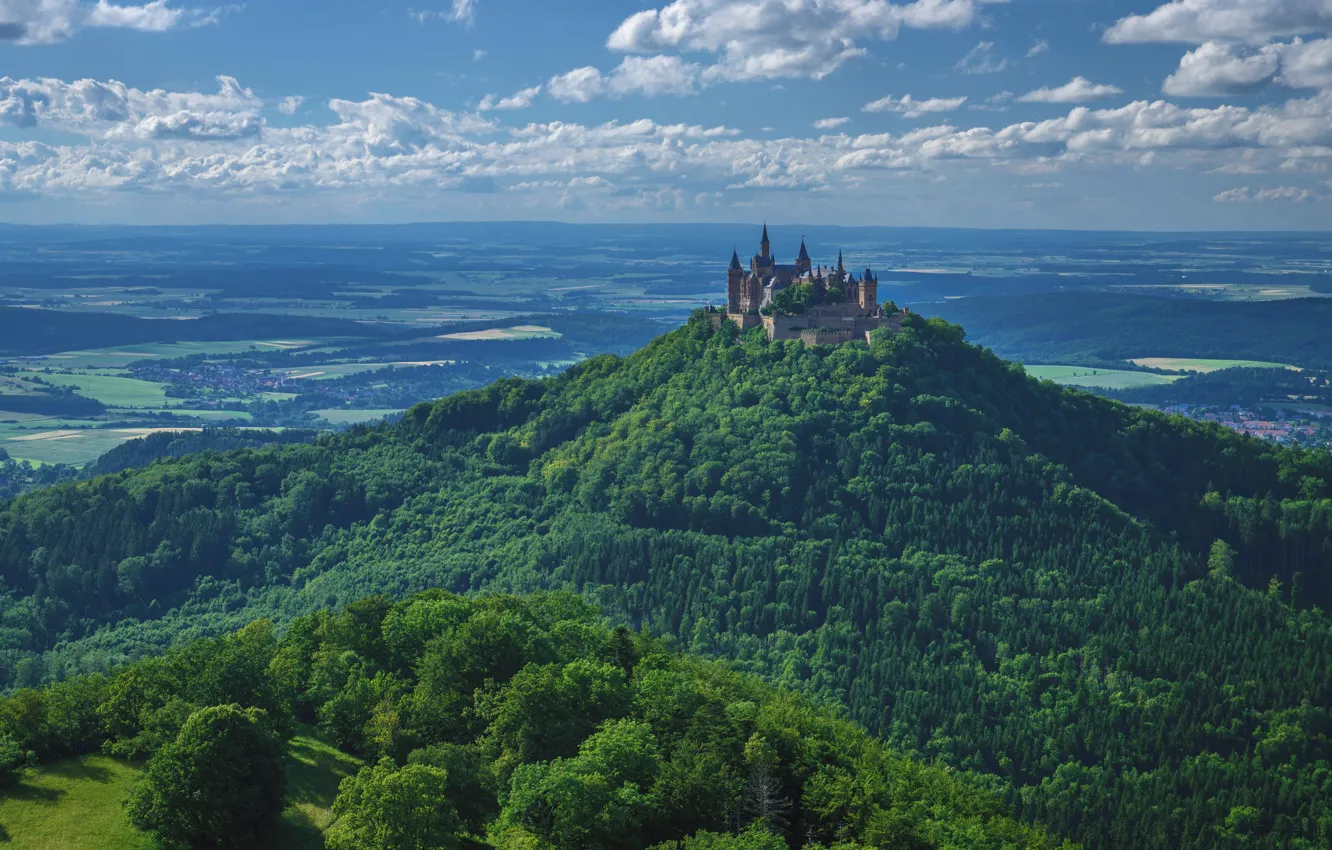 Фото обои лес, замок, Германия, холм, Гогенцоллерн, Hohenzollern
