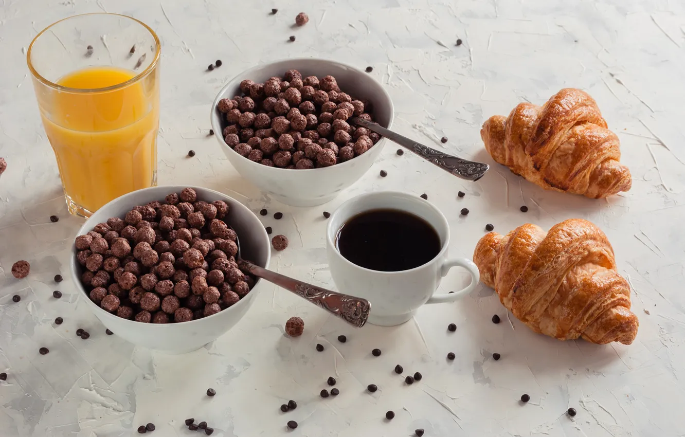 Фото обои шарики, кофе, завтрак, сок, круассаны