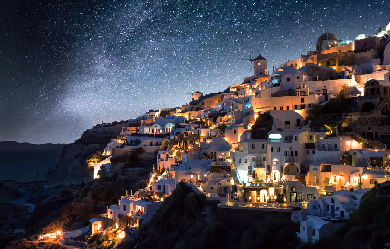 Фото обои звезды, ночь, город, огни, Греция, млечный путь