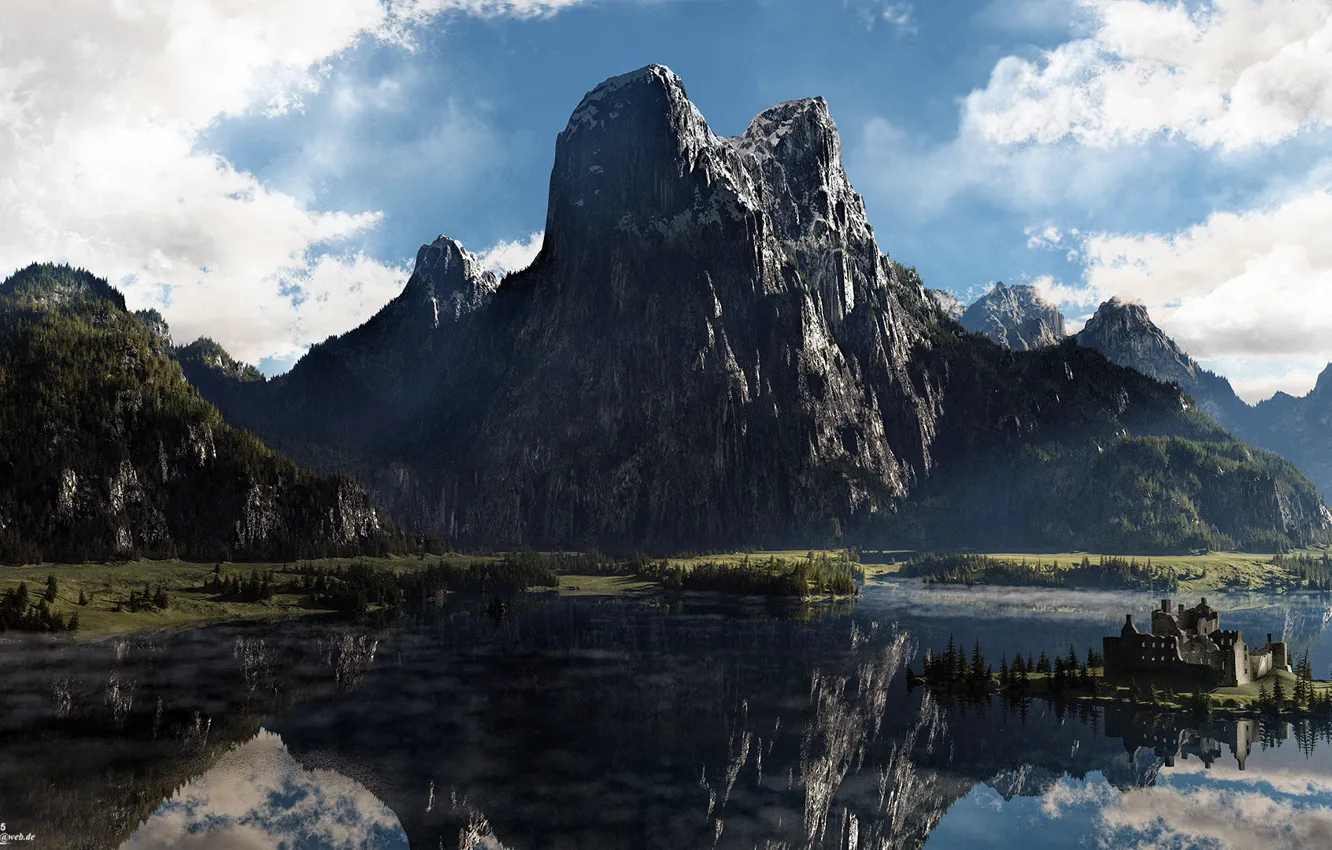 Фото обои горы, отражение, замок, водоём, North