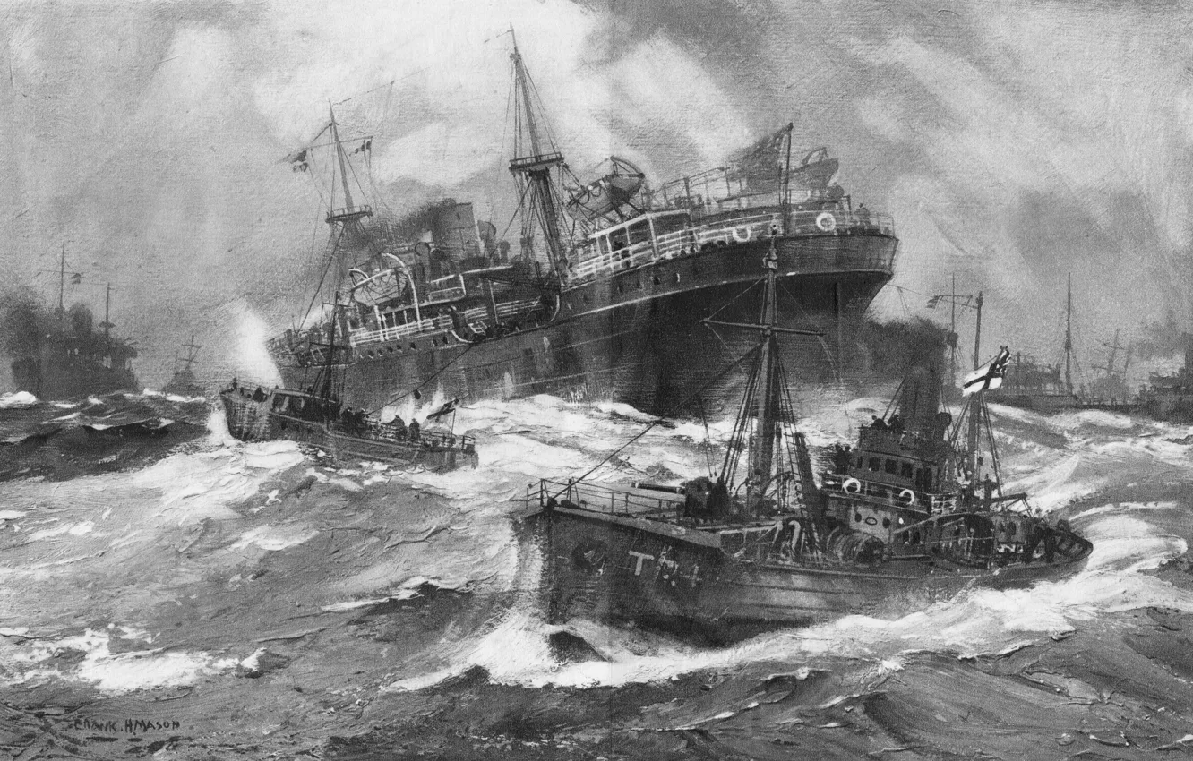 Фото обои море, волны, война, рисунок, корабли, карандаш, конвой, суда