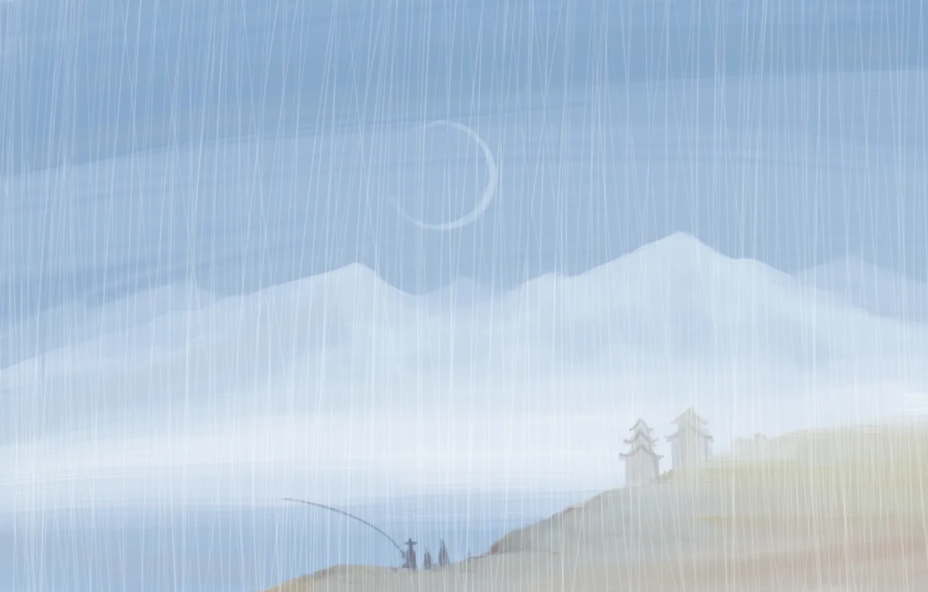 Фото обои горы, дождь, луна, берег, рыбак, серп, нарисованный пейзаж