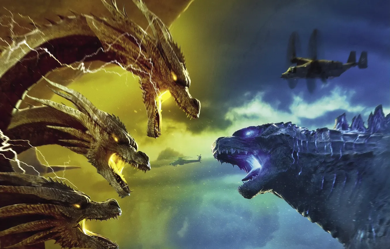 Фото обои битва, Годзилла, Кинг Гидора, Godzilla: King of the Monsters, Годзилла 2: Король монстров