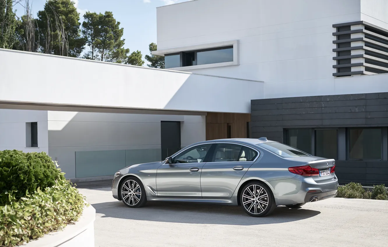 Фото обои небо, дом, растительность, BMW, стоянка, сзади, вид сбоку, клумба