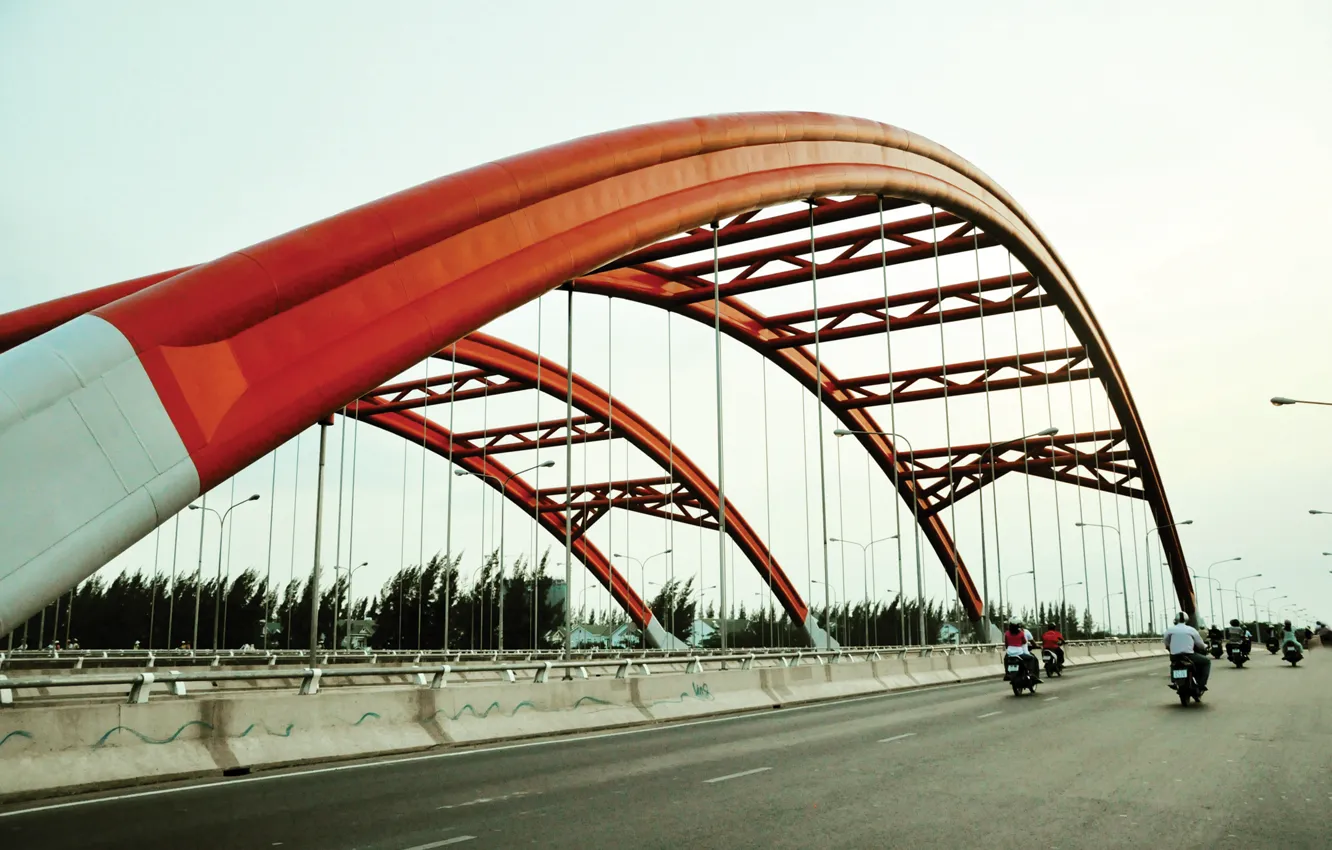 Фото обои red, river, bridge, water, lake