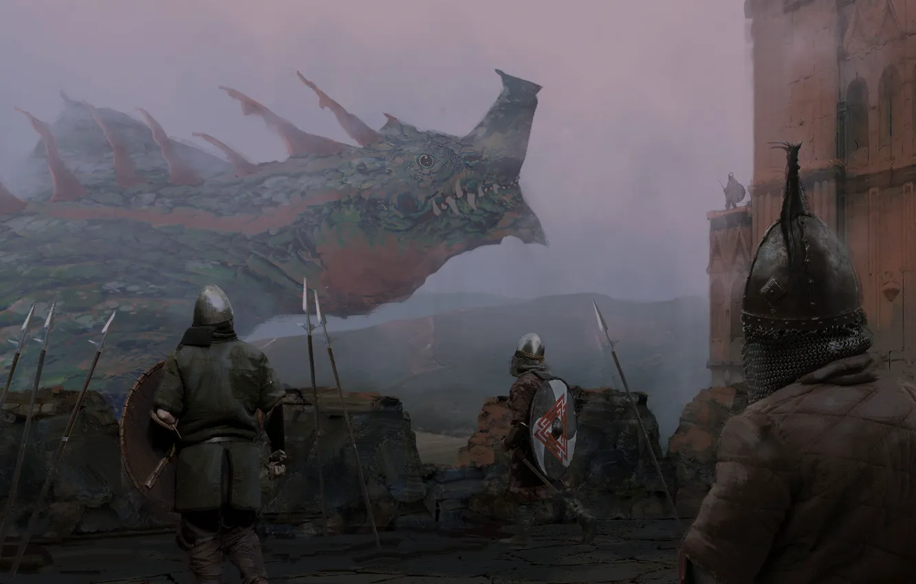 Фото обои fantasy, Dragon, soldiers, armor, castle, weapons, artwork, warriors