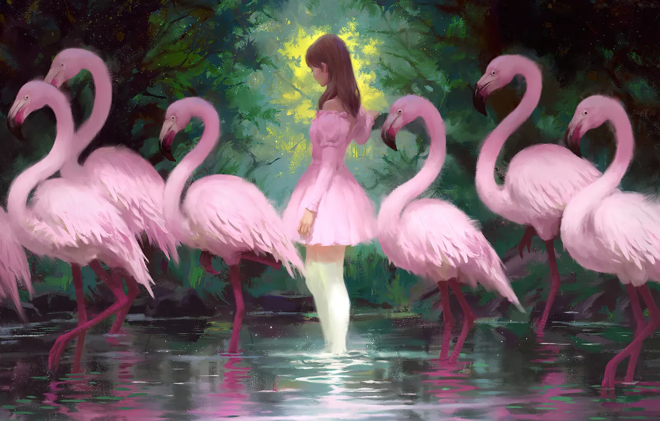 Фото обои pink, water, art, picture, young girl, flamingos, KILART