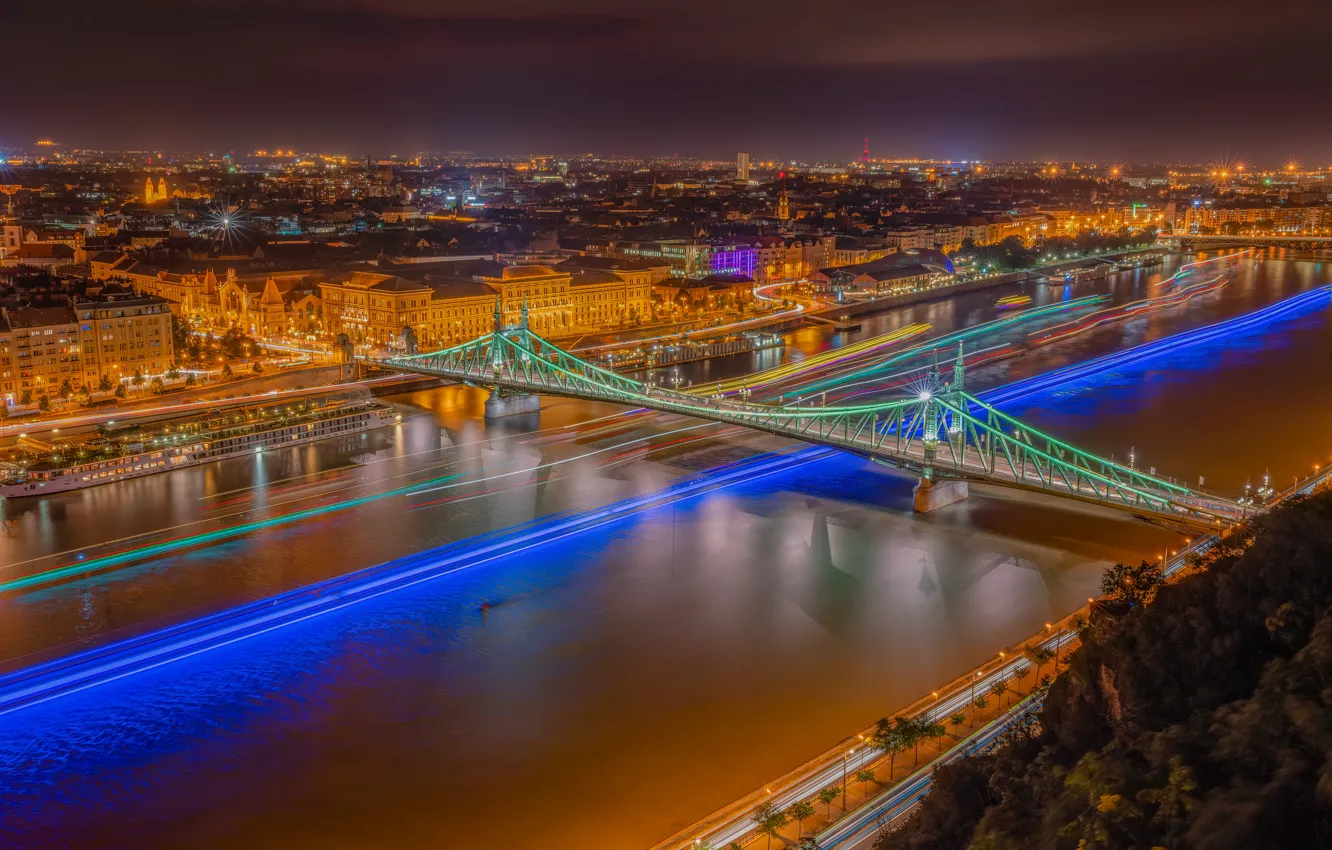 Фото обои мост, река, здания, дома, панорама, ночной город, Венгрия, Hungary