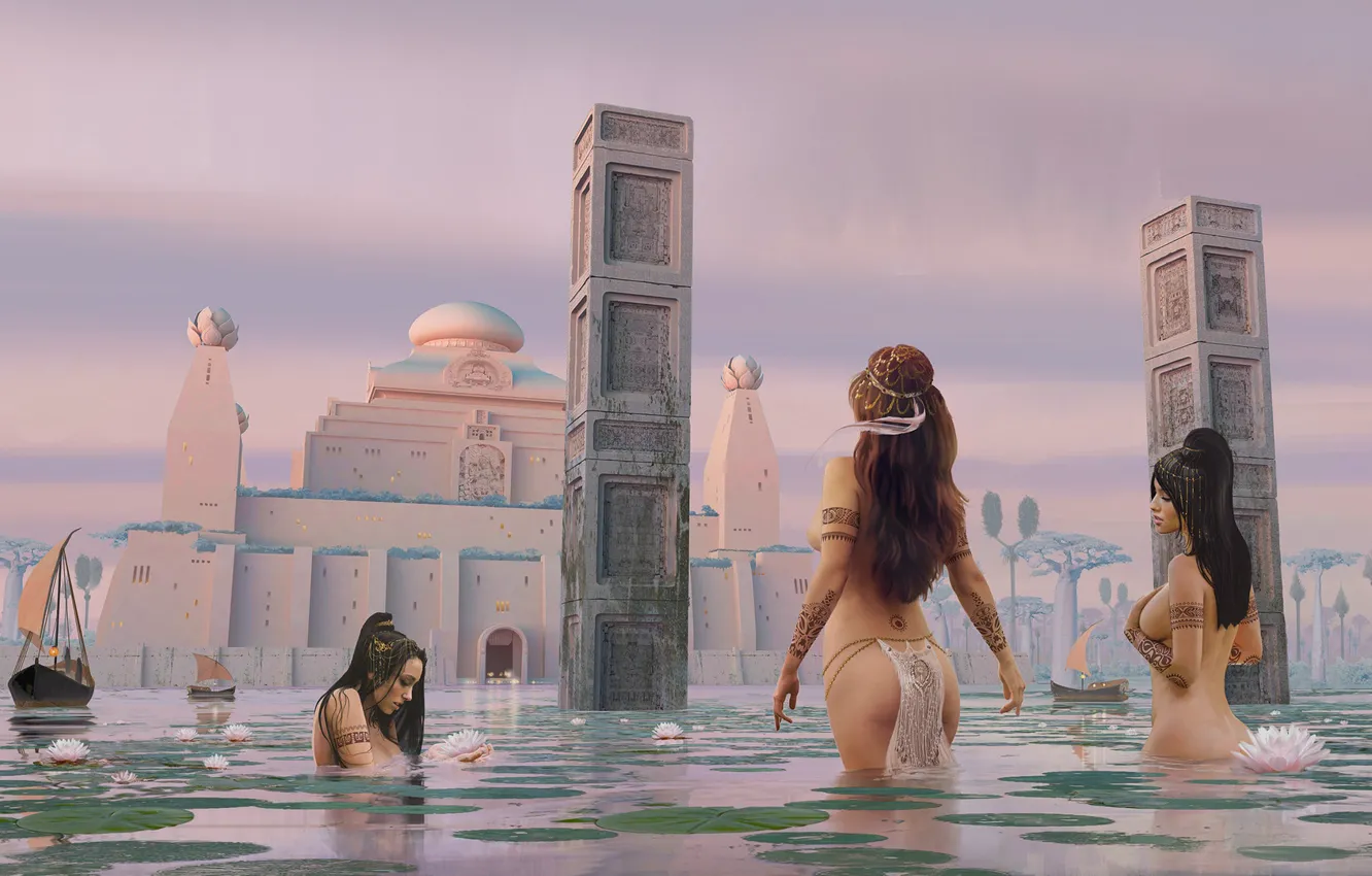 Фото обои женщины, вода, купание, Lotus, башни