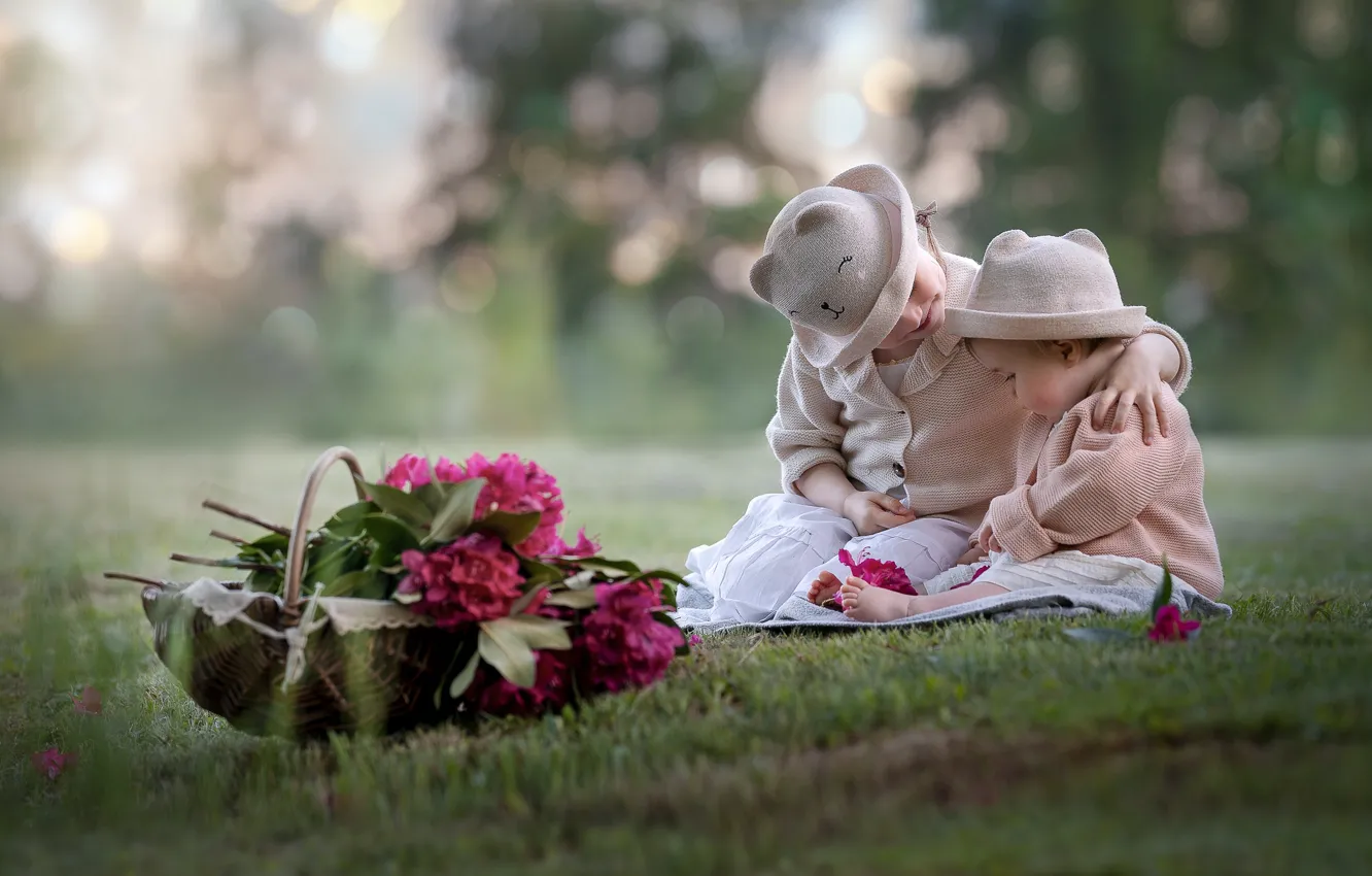 Фото обои цветы, природа, дети, корзина, девочки, Monika Porabik