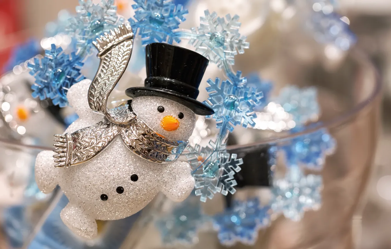 Фото обои снежинки, Рождество, Новый год, снеговик, украшение, декорация