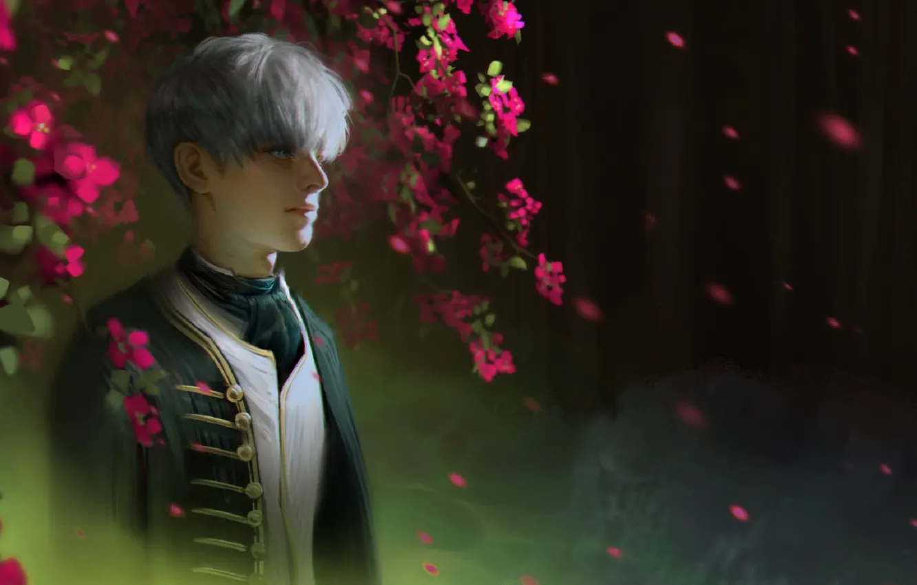 Фото обои ветки, галстук, парень, белые волосы, военная форма, размытый задний фон, чёлка, цветение дерева