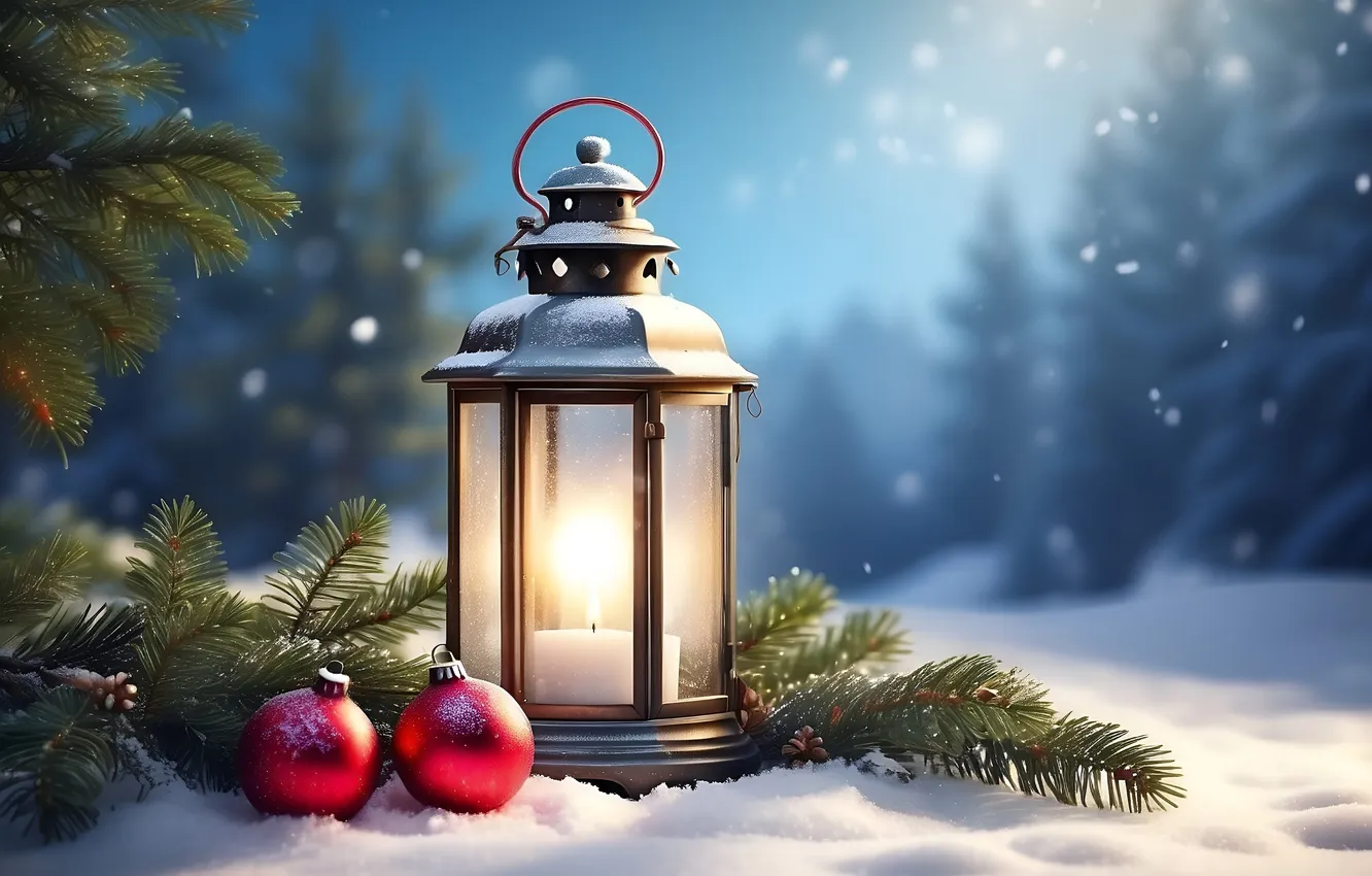 Фото обои зима, снег, ночь, Рождество, фонарь, Новый год, Christmas, night