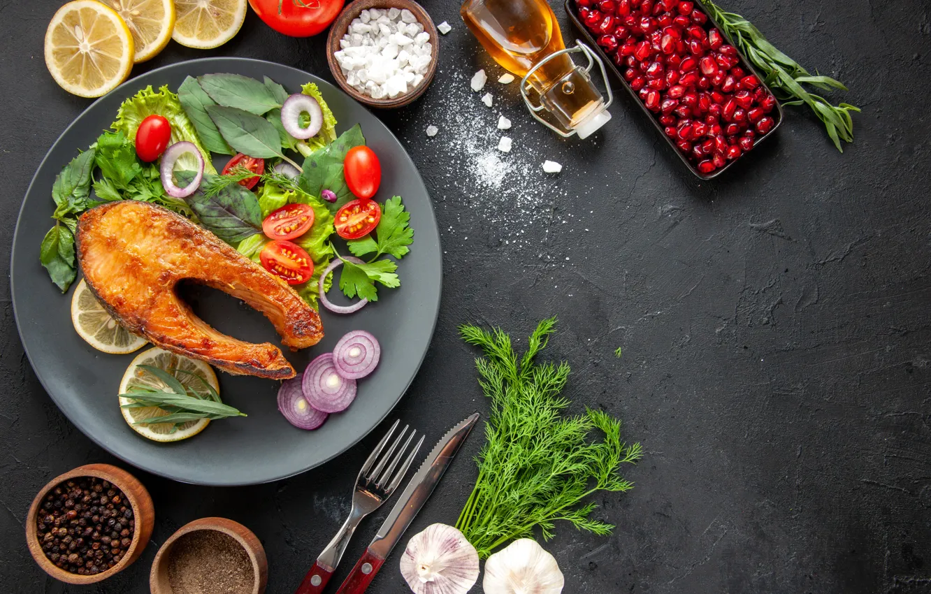 Фото обои стол, рыба, тарелка, подача