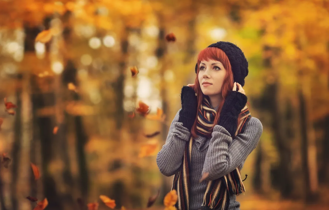 Фото обои осень, девушка, шапка, шарф, свитер, боке