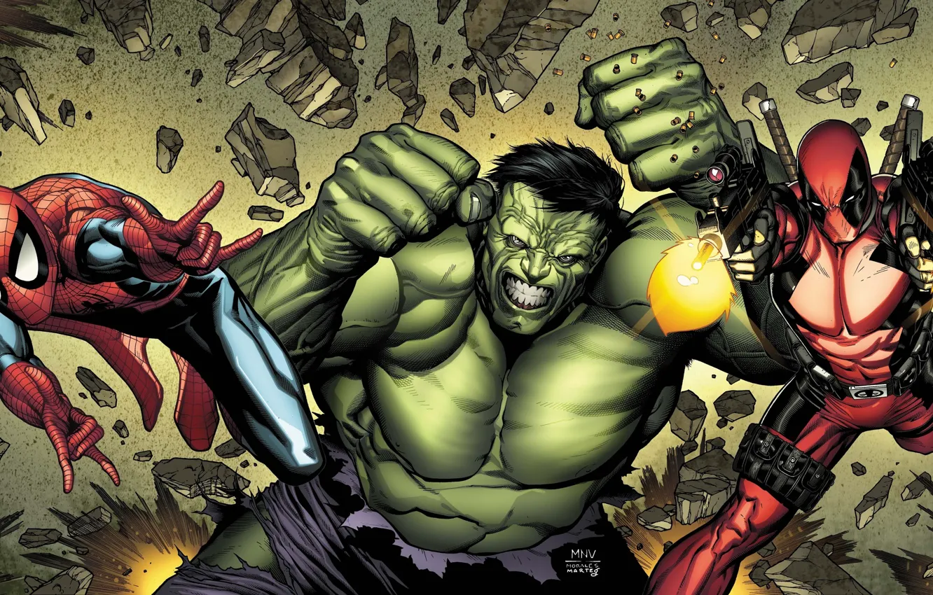 Фото обои Халк, Hulk, Deadpool, Marvel, Дэдпул, Человек-паук, Spider-Man, Peter Parker