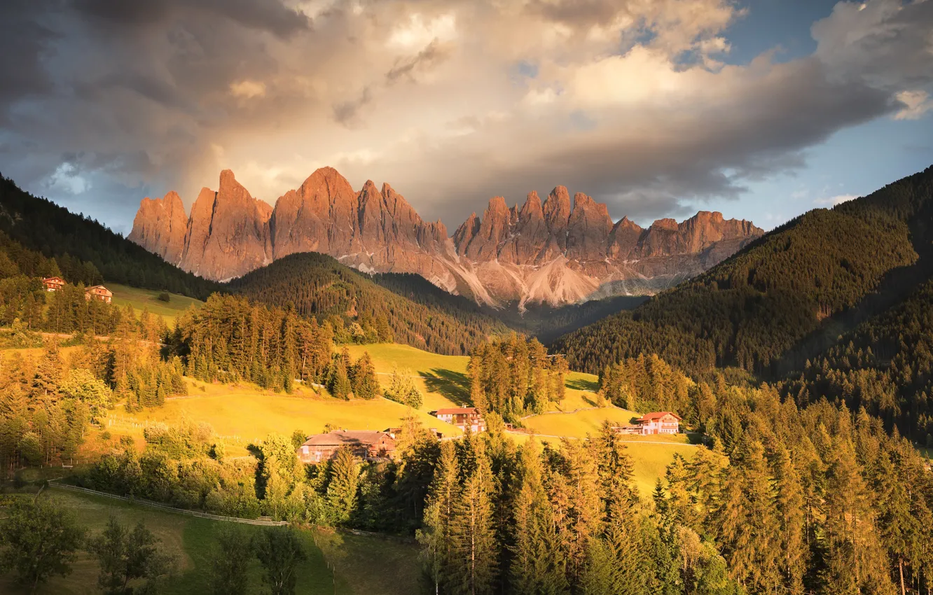 Фото обои лес, горы, фото, дома, луг, Италия