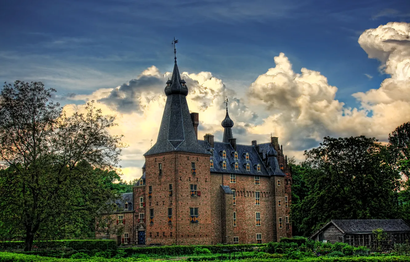 Фото обои небо, облака, деревья, замок, HDR, Нидерланды, Kasteel Doorwerth